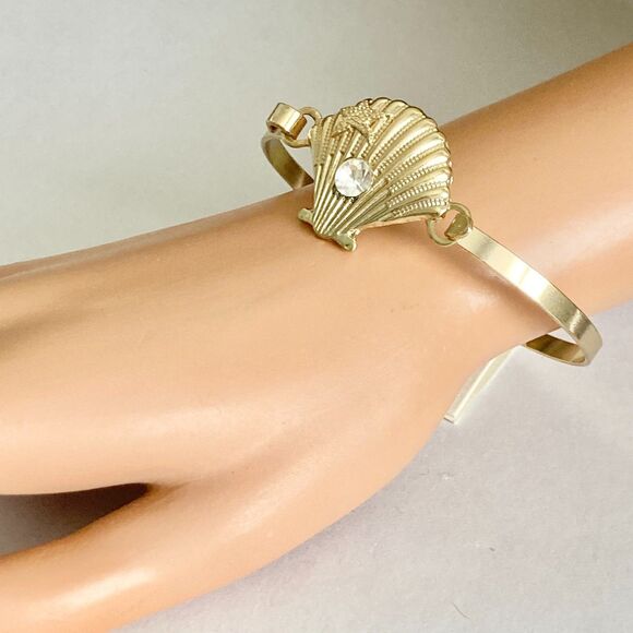 Scallop Sea Shell Bracelet Bangle Nautical Island Beach 7.5" Gold Plated Crystal - Picture 7 of 13